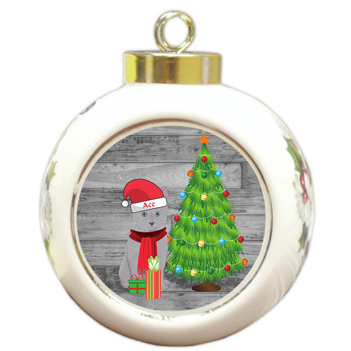 Custom Personalized Russian Blue Cat With Tree and Presents Christmas Round Ball Ornament