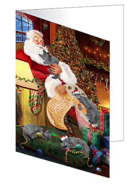 Santa Sleeping with Russian Blue Cats Christmas Handmade Artwork Assorted Pets Greeting Cards and Note Cards with Envelopes for All Occasions and Holiday Seasons GCD62489