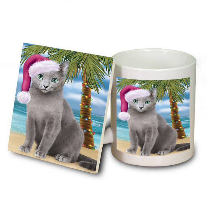 Summertime Happy Holidays Christmas Russian Blue Cat on Tropical Island Beach Mug and Coaster Set MUC54441