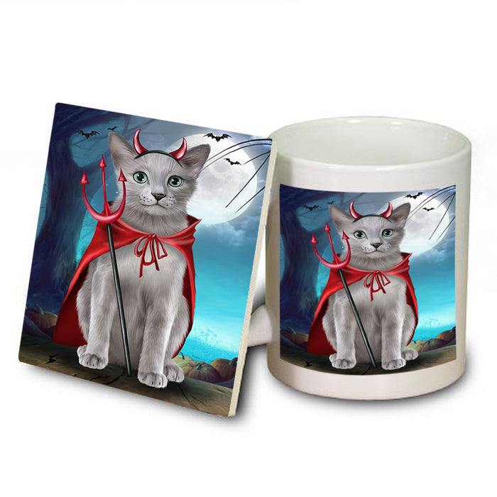 Happy Halloween Trick or Treat Russian Blue Cat Mug and Coaster Set MUC54516