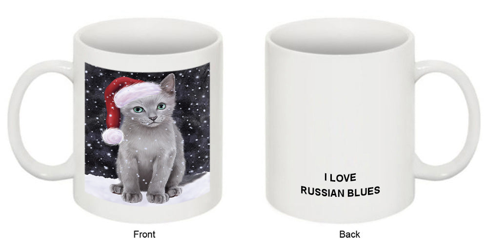 Let it Snow Christmas Holiday Russian Blue Cat Wearing Santa Hat Coffee Mug MUG49718
