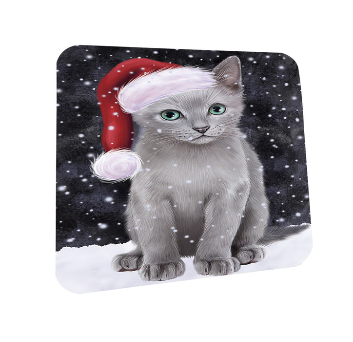 Let it Snow Christmas Holiday Russian Blue Cat Wearing Santa Hat Coasters Set of 4 CST54278