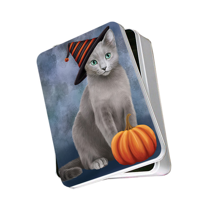 Happy Halloween Russian Blue Cat Wearing Witch Hat with Pumpkin Photo Storage Tin PITN54683