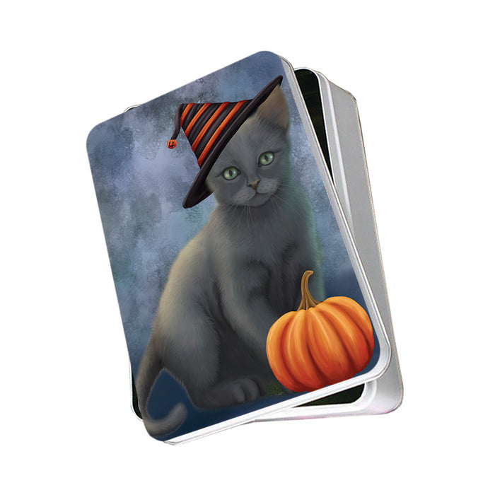 Happy Halloween Russian Blue Cat Wearing Witch Hat with Pumpkin Photo Storage Tin PITN54744