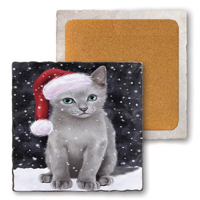 Let it Snow Christmas Holiday Russian Blue Cat Wearing Santa Hat Set of 4 Natural Stone Marble Tile Coasters MCST49320