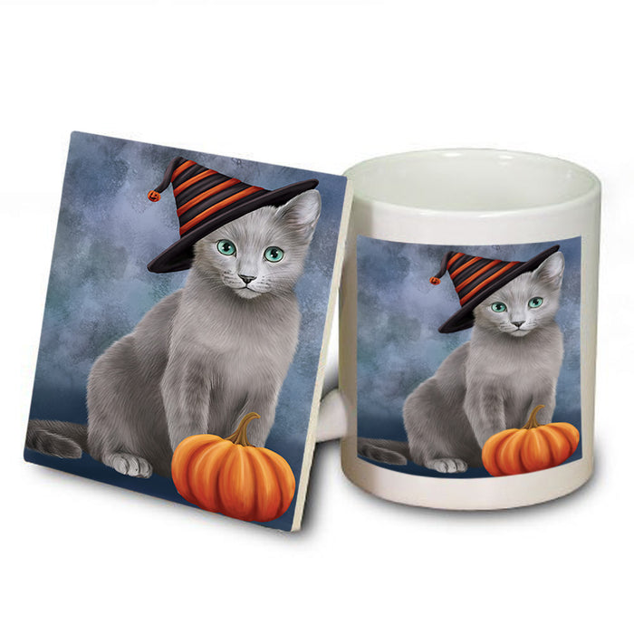 Happy Halloween Russian Blue Cat Wearing Witch Hat with Pumpkin Mug and Coaster Set MUC54732