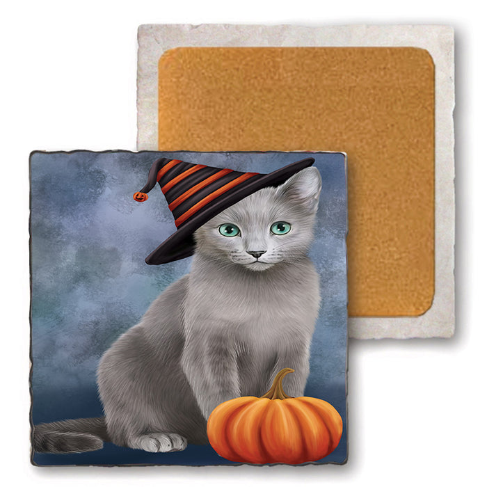 Happy Halloween Russian Blue Cat Wearing Witch Hat with Pumpkin Set of 4 Natural Stone Marble Tile Coasters MCST49740