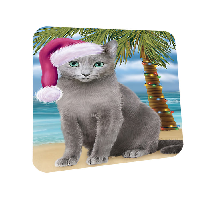 Summertime Happy Holidays Christmas Russian Blue Cat on Tropical Island Beach Coasters Set of 4 CST54407
