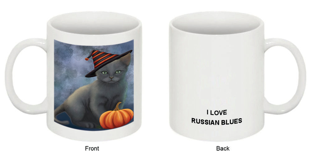 Happy Halloween Russian Blue Cat Wearing Witch Hat with Pumpkin Coffee Mug MUG50199
