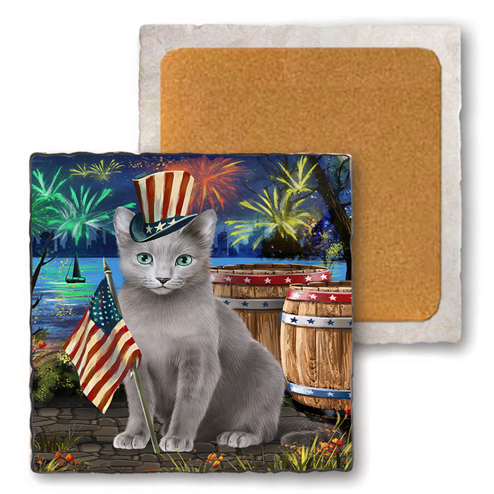 4th of July Independence Day Firework Russian Blue Cat Set of 4 Natural Stone Marble Tile Coasters MCST49067