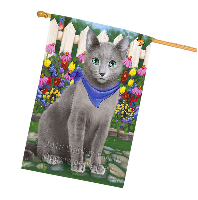 Spring Floral Russian Blue Cat House Flag FLG52352
