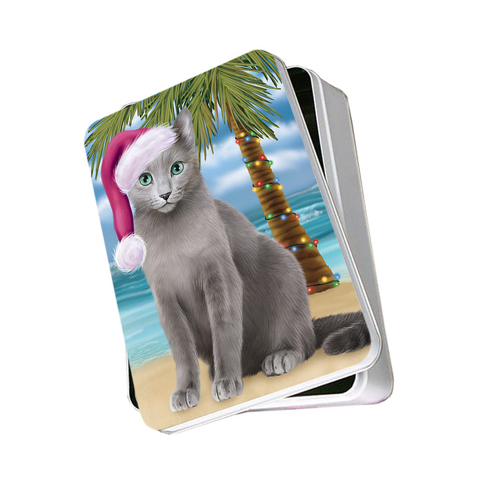 Summertime Happy Holidays Christmas Russian Blue Cat on Tropical Island Beach Photo Storage Tin PITN54392
