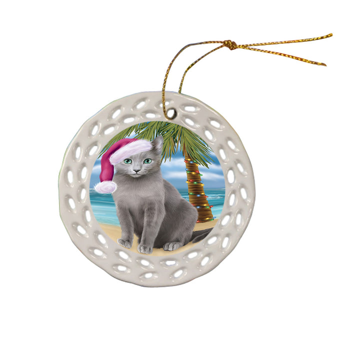 Summertime Happy Holidays Christmas Russian Blue Cat on Tropical Island Beach Ceramic Doily Ornament DPOR54577