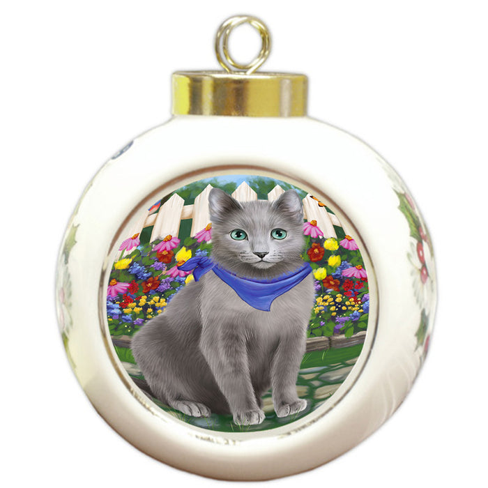 Spring Floral Russian Blue Cat Round Ball Christmas Ornament RBPOR52271