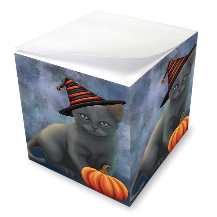 Happy Halloween Russian Blue Cat Wearing Witch Hat with Pumpkin Note Cube NOC56447