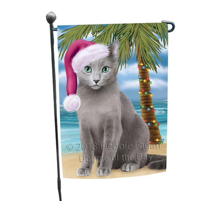 Summertime Happy Holidays Christmas Russian Blue Cat on Tropical Island Beach Garden Flag GFLG54639