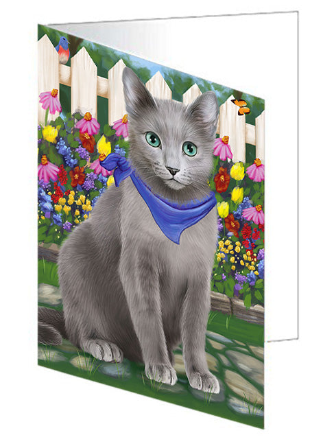 Spring Floral Russian Blue Cat Handmade Artwork Assorted Pets Greeting Cards and Note Cards with Envelopes for All Occasions and Holiday Seasons GCD60842
