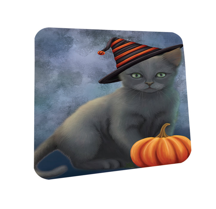 Happy Halloween Russian Blue Cat Wearing Witch Hat with Pumpkin Coasters Set of 4 CST54759