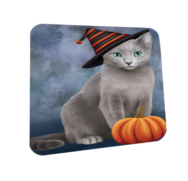 Happy Halloween Russian Blue Cat Wearing Witch Hat with Pumpkin Coasters Set of 4 CST54698