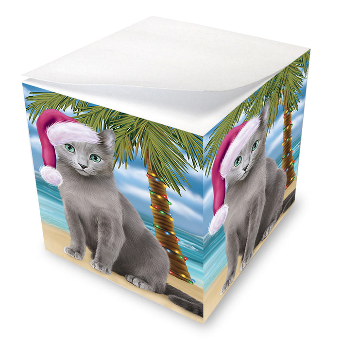 Summertime Happy Holidays Christmas Russian Blue Cat on Tropical Island Beach Note Cube NOC56095