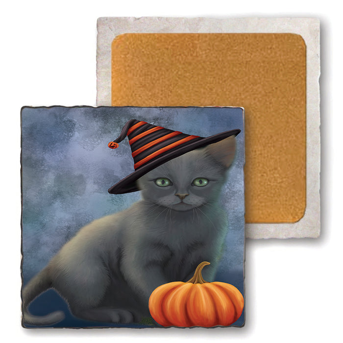 Happy Halloween Russian Blue Cat Wearing Witch Hat with Pumpkin Set of 4 Natural Stone Marble Tile Coasters MCST49801