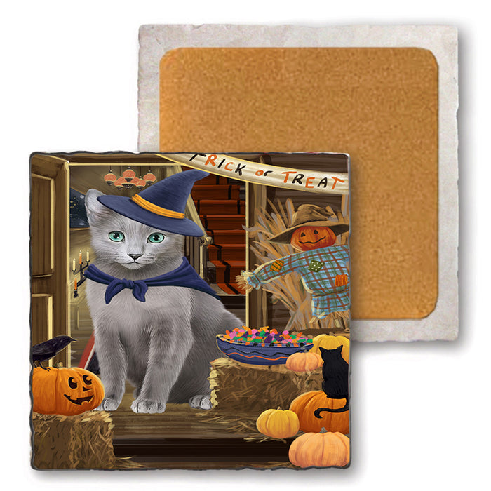 Enter at Own Risk Trick or Treat Halloween Russian Blue Cat Set of 4 Natural Stone Marble Tile Coasters MCST48249