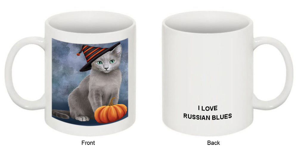Happy Halloween Russian Blue Cat Wearing Witch Hat with Pumpkin Coffee Mug MUG50138
