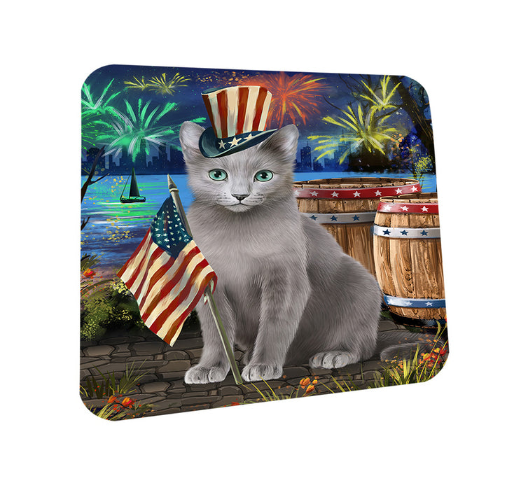 4th of July Independence Day Firework Russian Blue Cat Coasters Set of 4 CST54025
