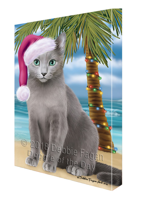 Summertime Happy Holidays Christmas Russian Blue Cat on Tropical Island Beach Canvas Print Wall Art Décor CVS109043
