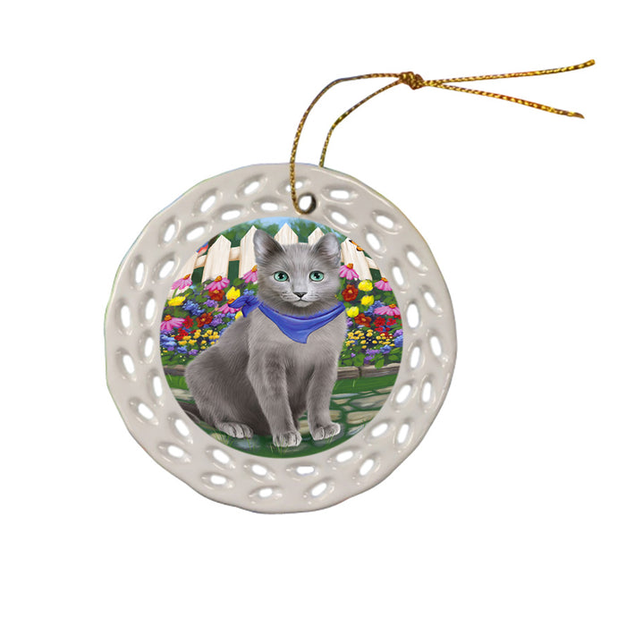 Spring Floral Russian Blue Cat Ceramic Doily Ornament DPOR52271