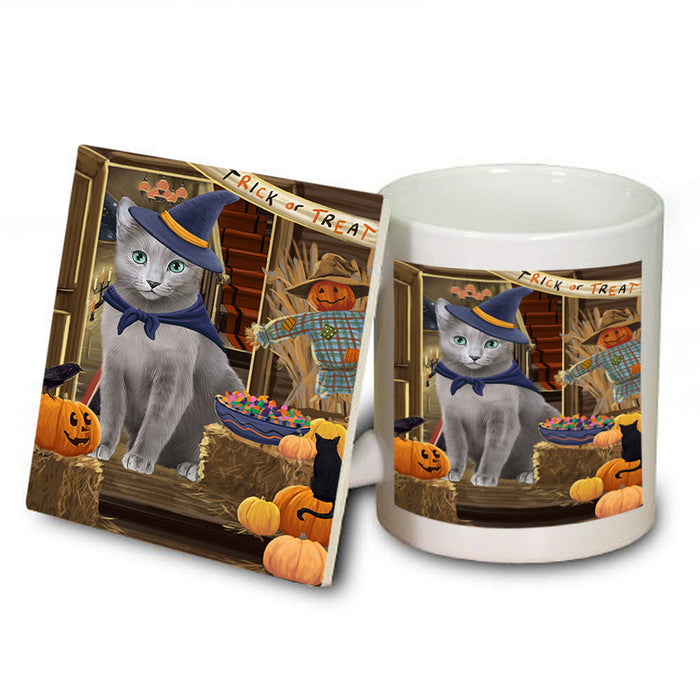 Enter at Own Risk Trick or Treat Halloween Russian Blue Cat Mug and Coaster Set MUC53241