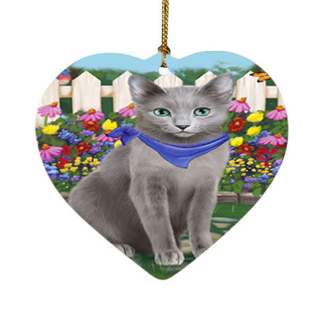Spring Floral Russian Blue Cat Heart Christmas Ornament HPOR52271
