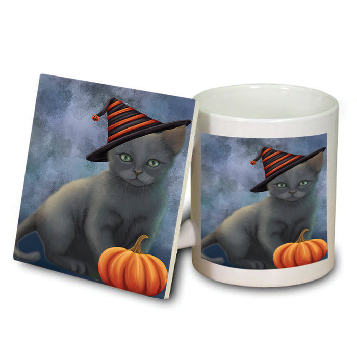 Happy Halloween Russian Blue Cat Wearing Witch Hat with Pumpkin Mug and Coaster Set MUC54793