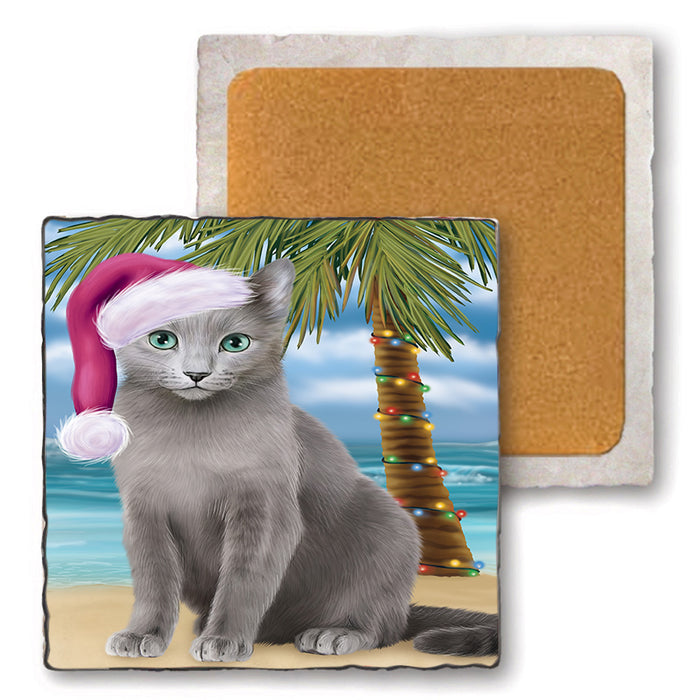 Summertime Happy Holidays Christmas Russian Blue Cat on Tropical Island Beach Set of 4 Natural Stone Marble Tile Coasters MCST49449