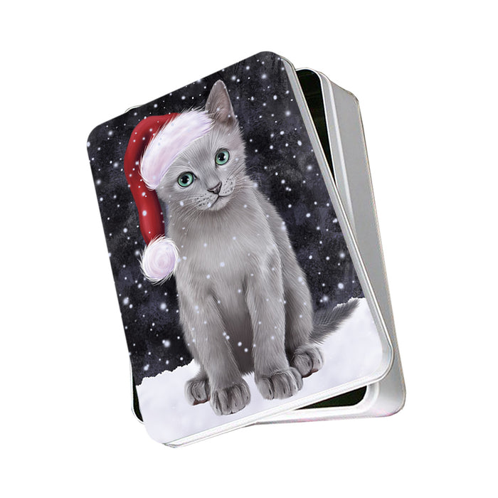 Let it Snow Christmas Holiday Russian Blue Cat Wearing Santa Hat Photo Storage Tin PITN54263