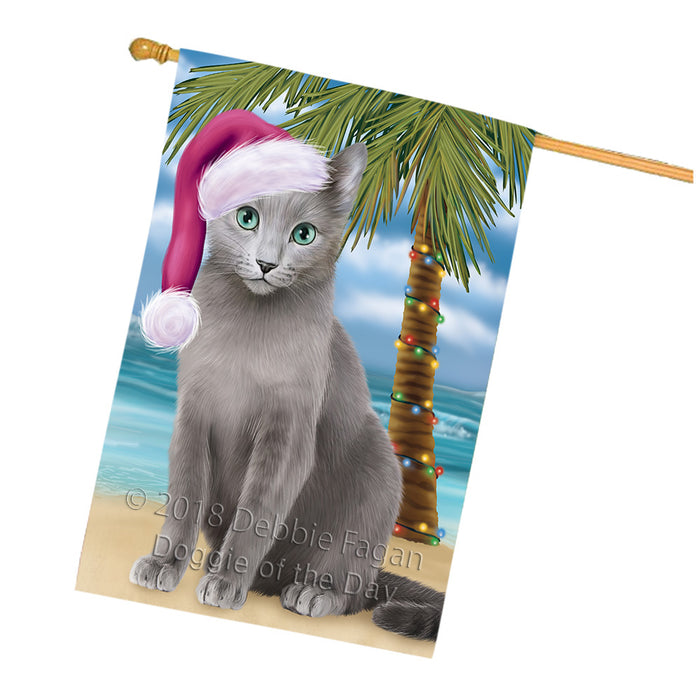 Summertime Happy Holidays Christmas Russian Blue Cat on Tropical Island Beach House Flag FLG54775