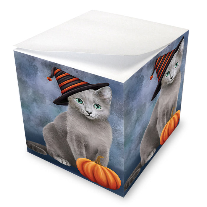Happy Halloween Russian Blue Cat Wearing Witch Hat with Pumpkin Note Cube NOC56386