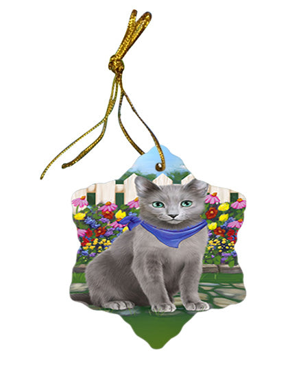 Spring Floral Russian Blue Cat Star Porcelain Ornament SPOR52262