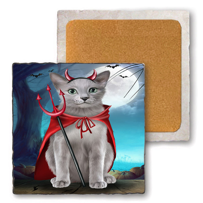 Happy Halloween Trick or Treat Russian Blue Cat Set of 4 Natural Stone Marble Tile Coasters MCST49524