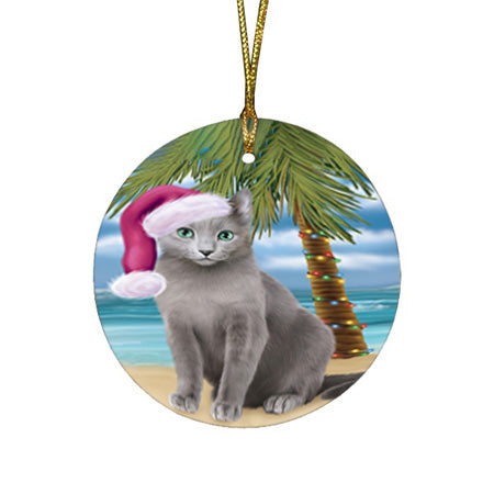 Summertime Happy Holidays Christmas Russian Blue Cat on Tropical Island Beach Round Flat Christmas Ornament RFPOR54568