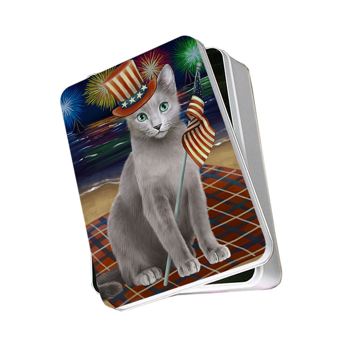 4th of July Independence Day Firework Russian Blue Cat Photo Storage Tin PITN52113