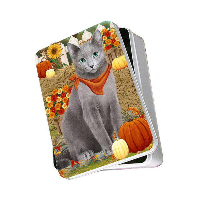 Fall Autumn Greeting Russian Blue Cat with Pumpkins Photo Storage Tin PITN52342