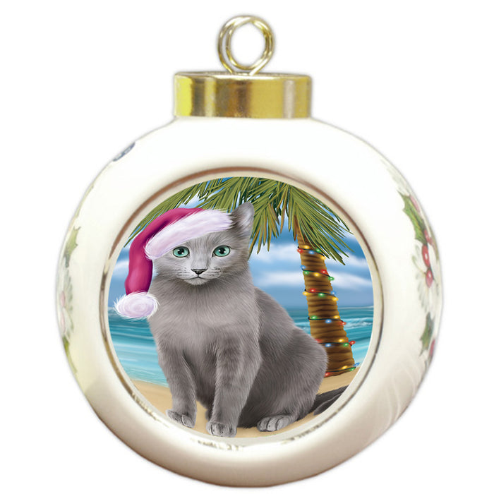 Summertime Happy Holidays Christmas Russian Blue Cat on Tropical Island Beach Round Ball Christmas Ornament RBPOR54577