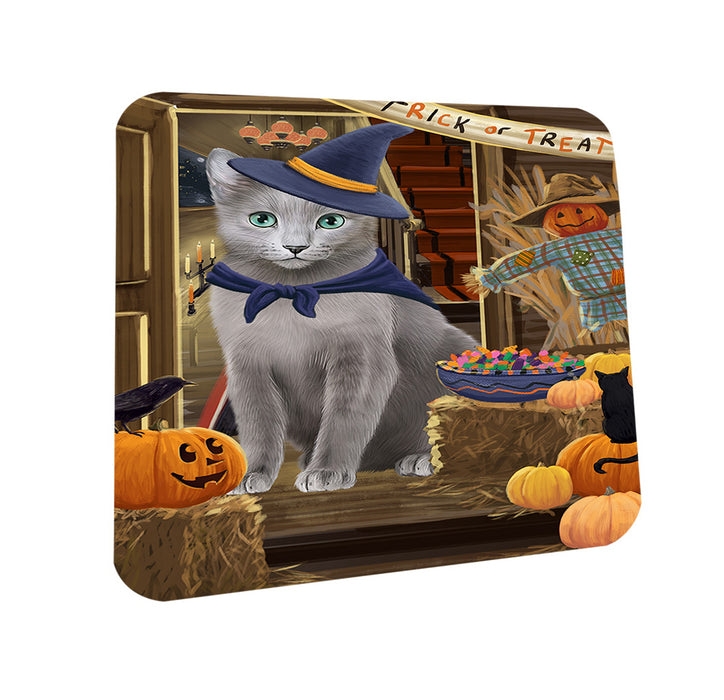 Enter at Own Risk Trick or Treat Halloween Russian Blue Cat Coasters Set of 4 CST53207