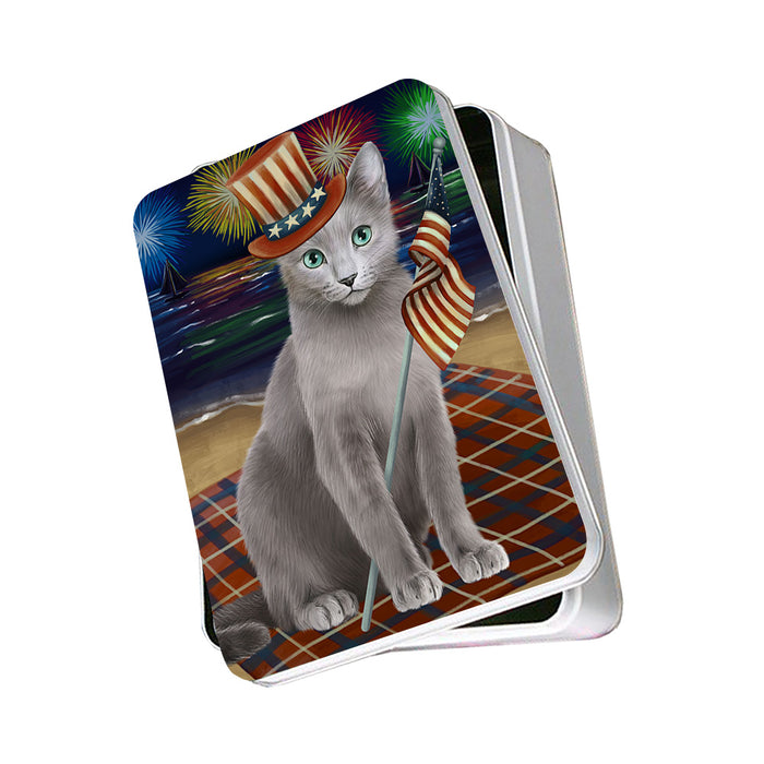 4th of July Independence Day Firework Russian Blue Cat Photo Storage Tin PITN52451