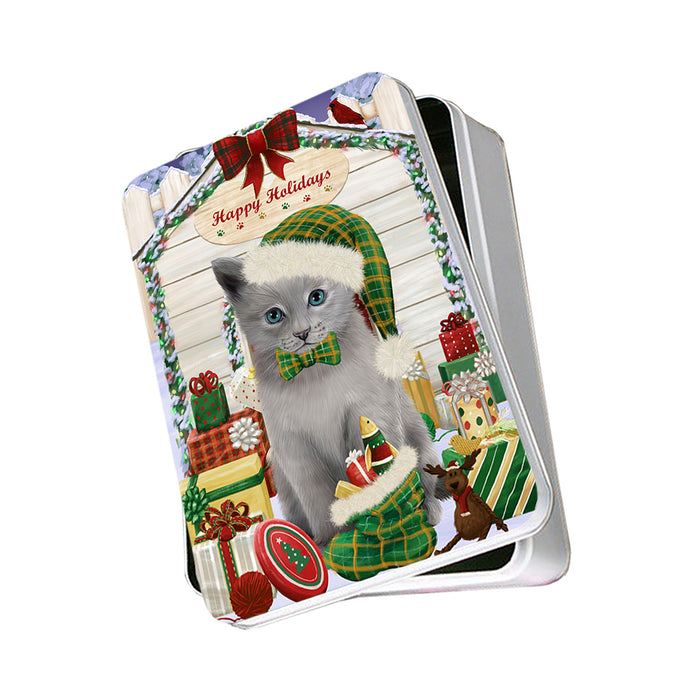 Happy Holidays Christmas Russian Blue Cat With Presents Photo Storage Tin PITN52678