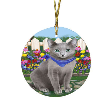 Spring Floral Russian Blue Cat Round Flat Christmas Ornament RFPOR52262