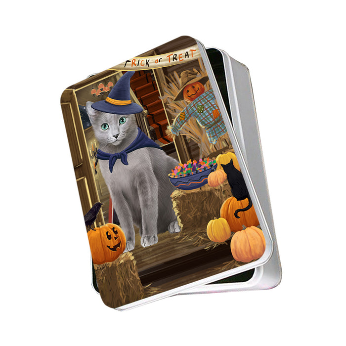 Enter at Own Risk Trick or Treat Halloween Russian Blue Cat Photo Storage Tin PITN53249