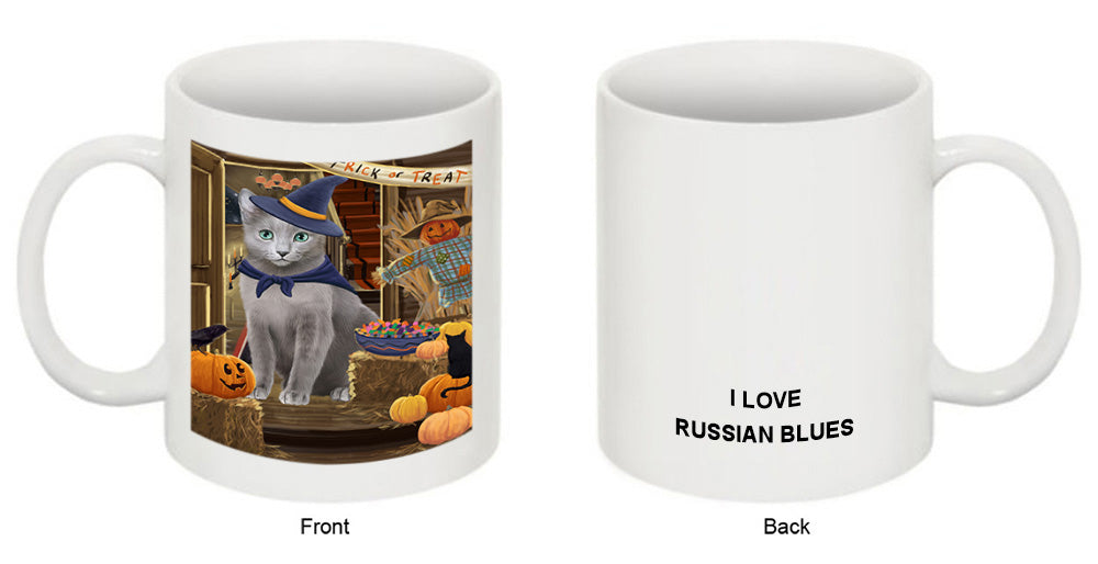 Enter at Own Risk Trick or Treat Halloween Russian Blue Cat Coffee Mug MUG48647