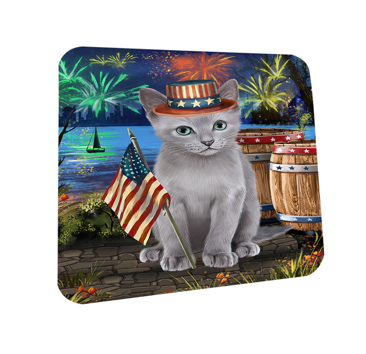 4th of July Independence Day Firework Russian Blue Cat Coasters Set of 4 CST54026